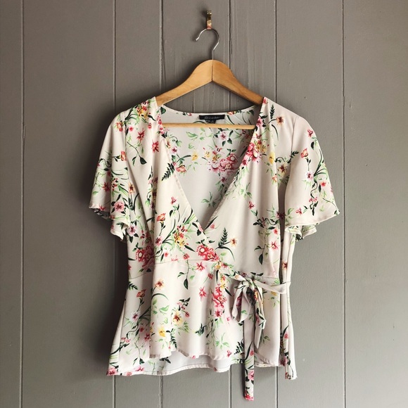 Shinestar Tops - Floral Wrap front Peplum Top